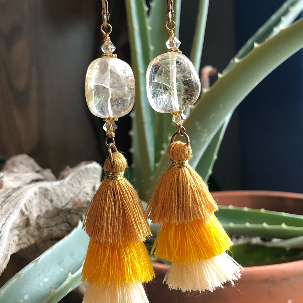 Boho Chic Yellow and Cream Tassel Earrings with Citrine Crystals Gold Leverback‎
